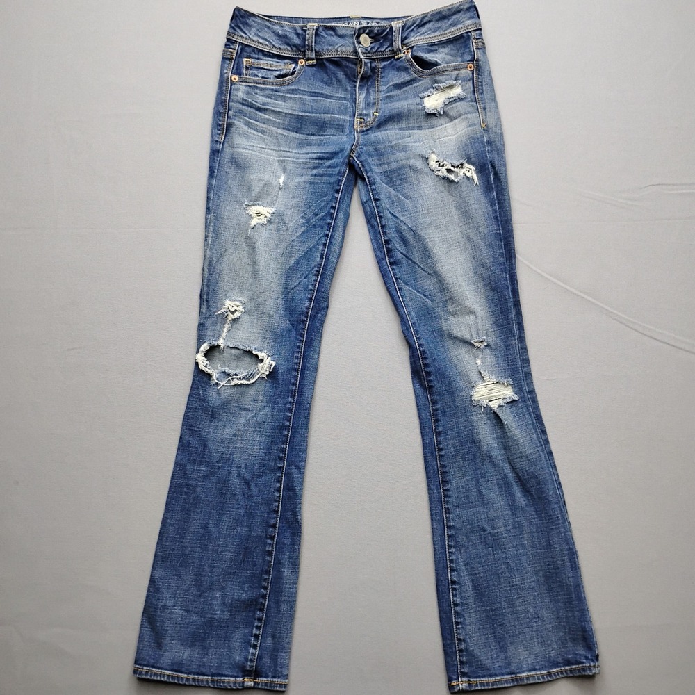 American Eagle Kick Boot Super Stretch Distressed Jeans Womens 8 Regular Blue